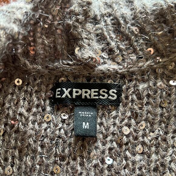 Express Size M Sequin Embellished Taupe Cardigan Sweater Open Front Pockets - Picture 4 of 9